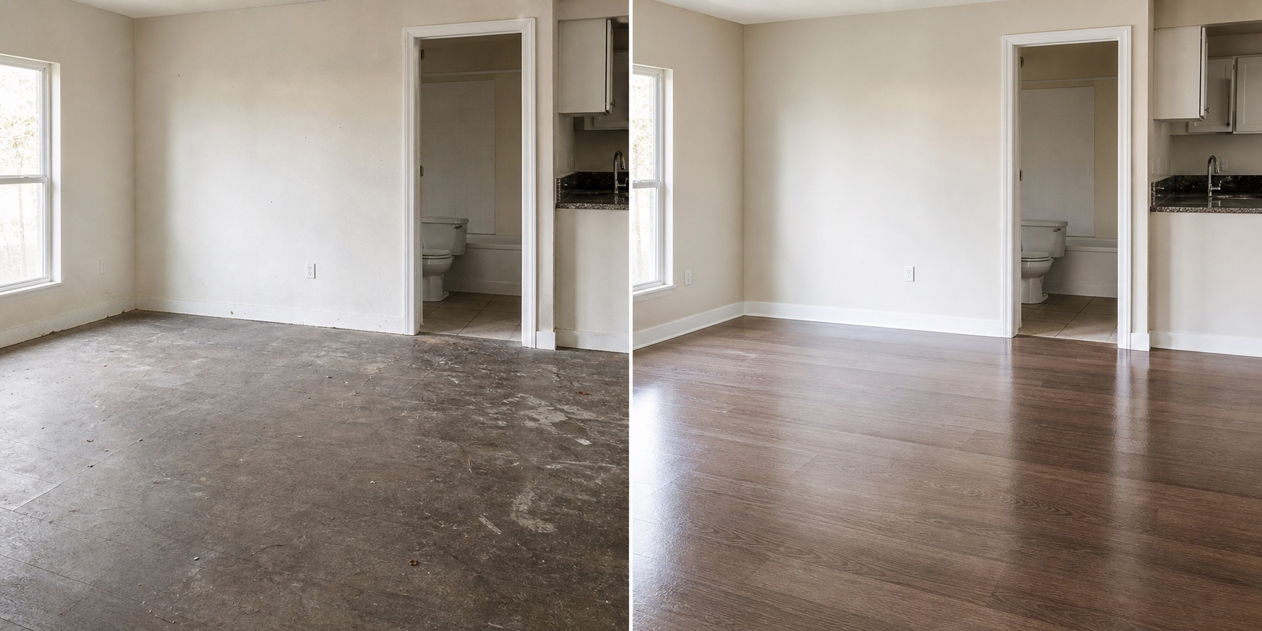 Before and after move-out cleaning in an empty apartment with floors and baseboards refreshed